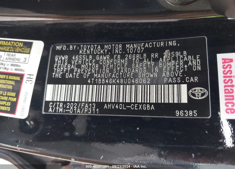 2008 TOYOTA CAMRY HYBRID VIN: 4T1BB46K48U046062