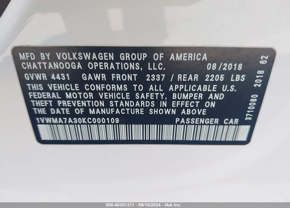 2019 VOLKSWAGEN PASSAT 2.0T SE R-LINE VIN: 1VWMA7A30KC000109