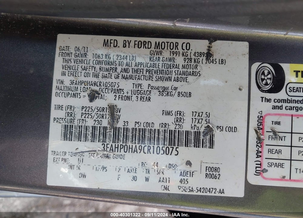 2012 FORD FUSION SE VIN: 3FAHP0HA9CR105075