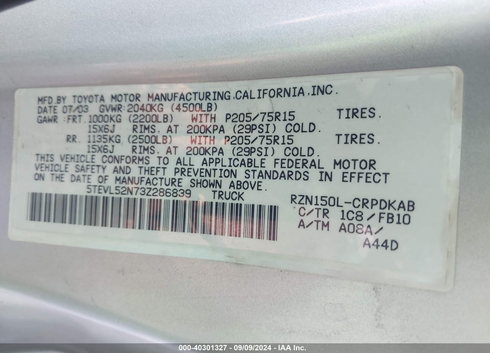 2003 TOYOTA TACOMA VIN: 5TEVL52N73Z286839