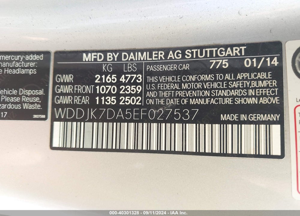 2014 MERCEDES-BENZ SL 550 VIN: WDDJK7DA5EF027537