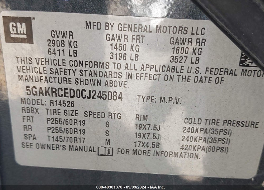 2012 BUICK ENCLAVE LEATHER VIN: 5GAKRCED0CJ245084