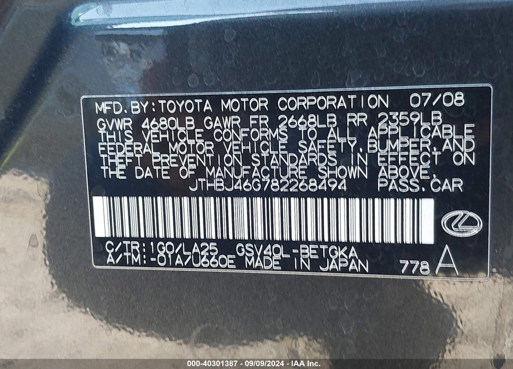 2008 LEXUS ES 350 VIN: JTHBJ46G782268494