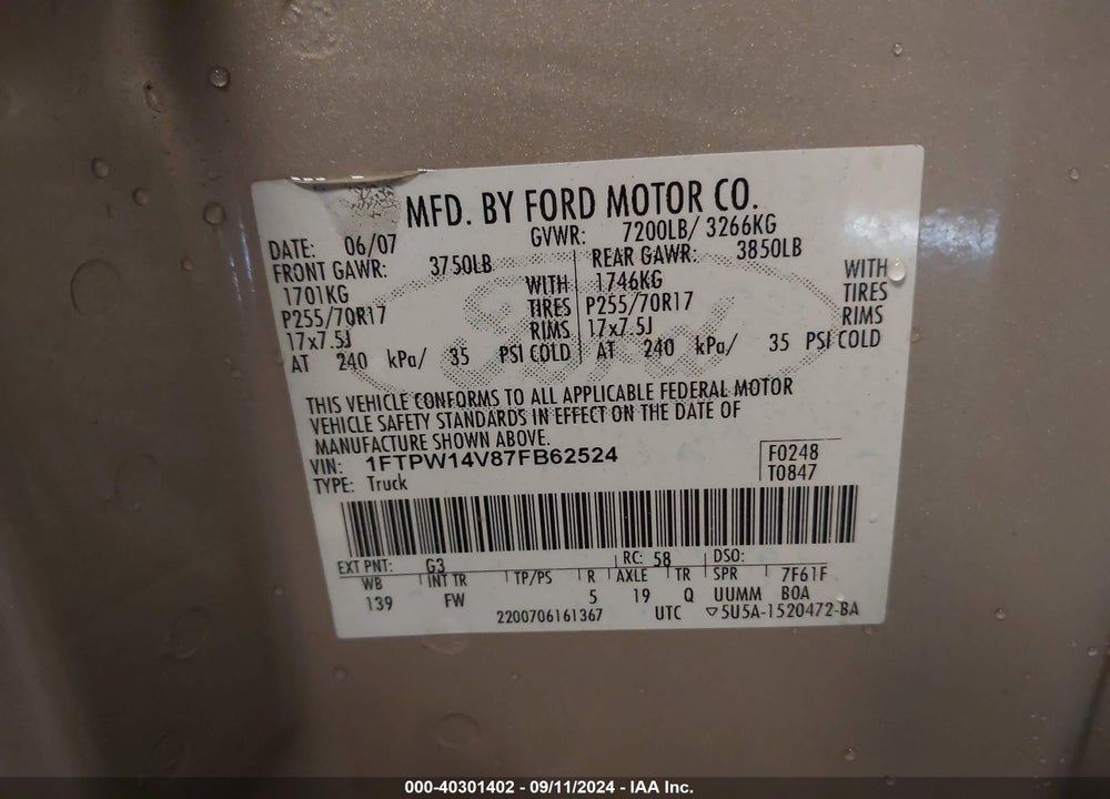 2007 FORD F-150 FX4/LARIAT/XLT VIN: 1FTPW14V87FB62524