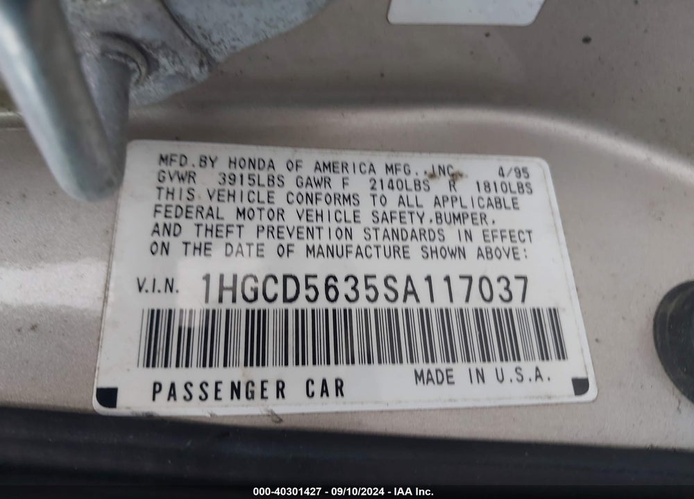 1995 HONDA ACCORD LX/EX VIN: 1HGCD5635SA117037