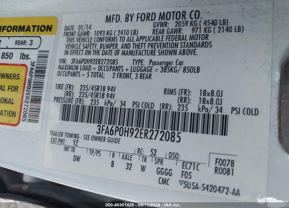 2014 FORD FUSION SE VIN: 3FA6P0H92ER272085