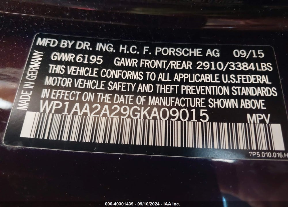 2016 PORSCHE CAYENNE VIN: WP1AA2A29GKA09015