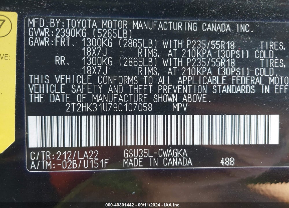 2009 LEXUS RX 350 VIN: 2T2HK31U79C107058