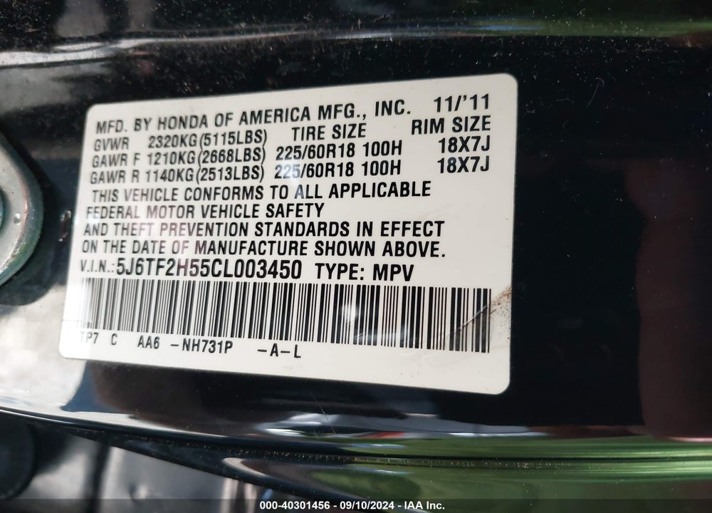 2012 HONDA CROSSTOUR EX-L VIN: 5J6TF2H55CL003450