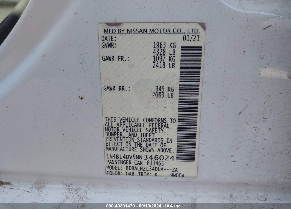 2021 NISSAN ALTIMA SV FWD VIN: 1N4BL4DV5MN346024