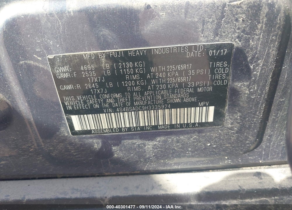 2017 SUBARU OUTBACK 2.5I PREMIUM VIN: 4S4BSADC9H3335924