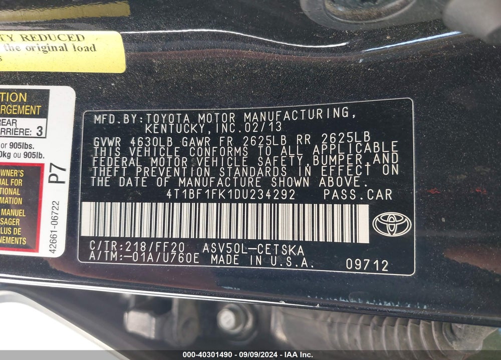 2013 TOYOTA CAMRY SE VIN: 4T1BF1FK1DU234292