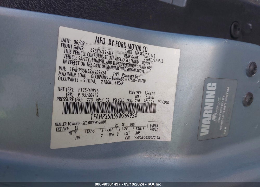 2009 FORD FOCUS SE VIN: 1FAHP35N59W269924