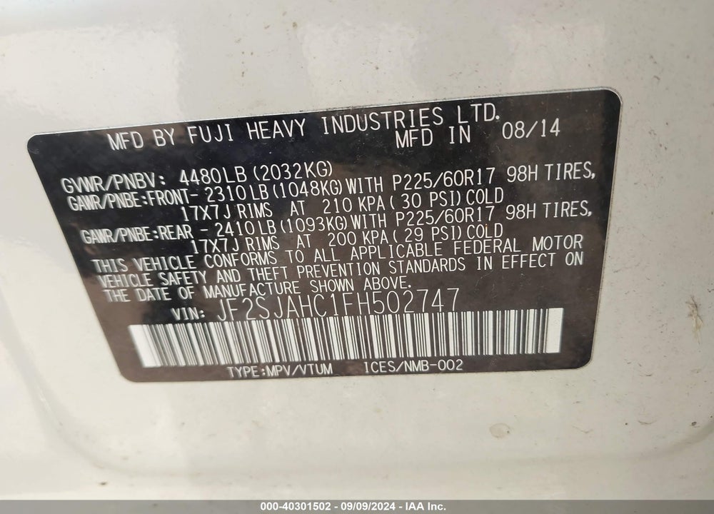 2015 SUBARU FORESTER 2.5I LIMITED VIN: JF2SJAHC1FH502747