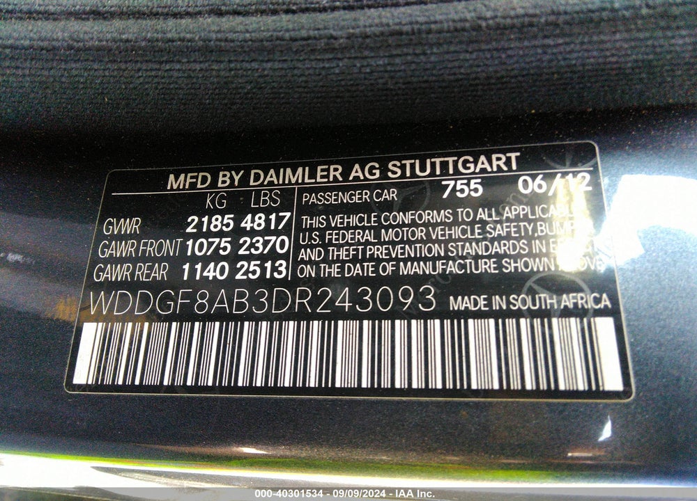 2013 MERCEDES-BENZ C 300 VIN: WDDGF8AB3DR243093