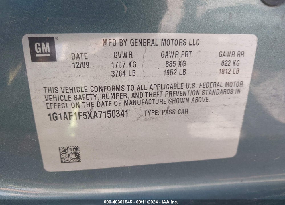 2010 CHEVROLET COBALT LT VIN: 1G1AF1F5XA7150341