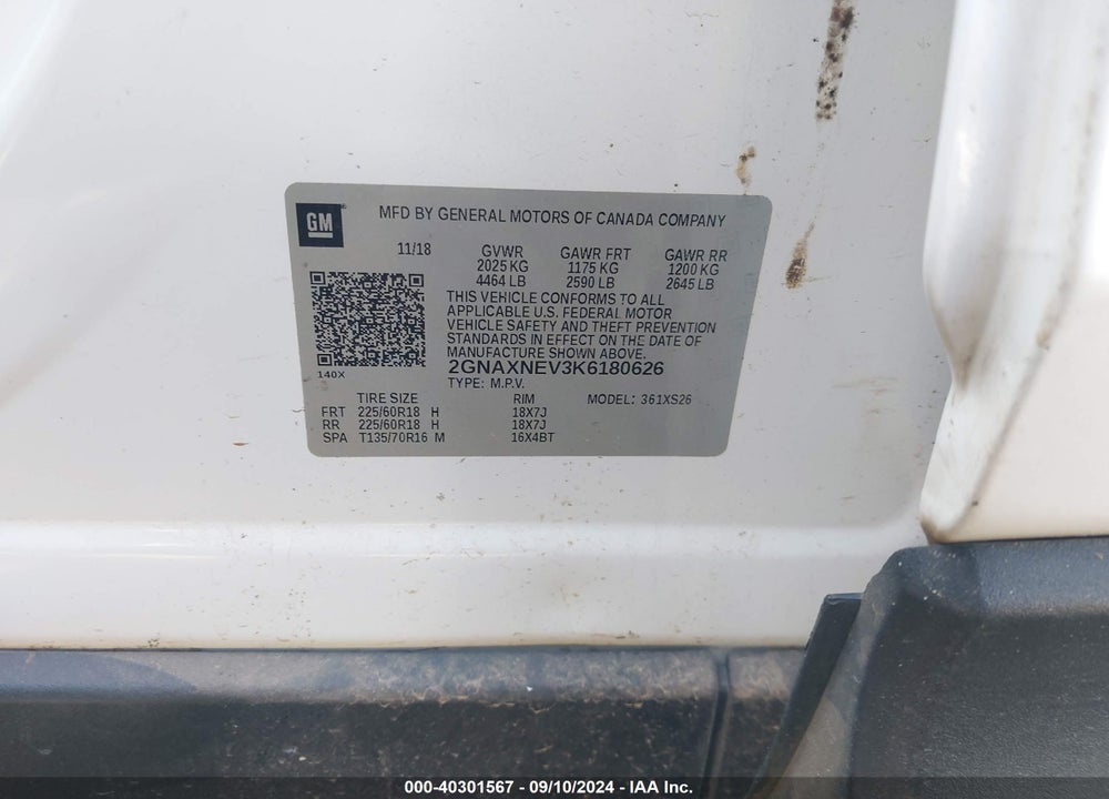 2019 CHEVROLET EQUINOX PREMIER VIN: 2GNAXNEV3K6180626