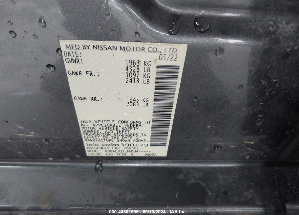 2022 NISSAN ALTIMA S FWD VIN: 1N4BL4BV6NN390179