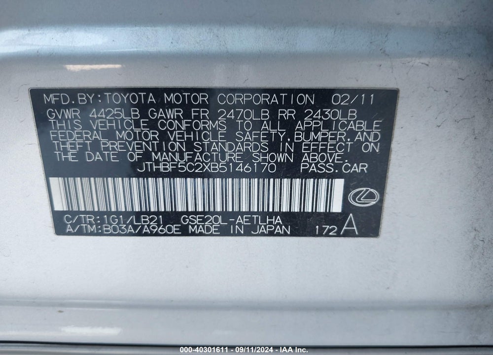 2011 LEXUS IS 250 VIN: JTHBF5C2XB5146170
