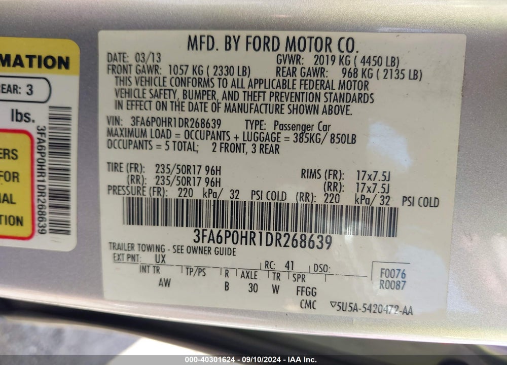 2013 FORD FUSION VIN: 3FA6P0HR1DR268639