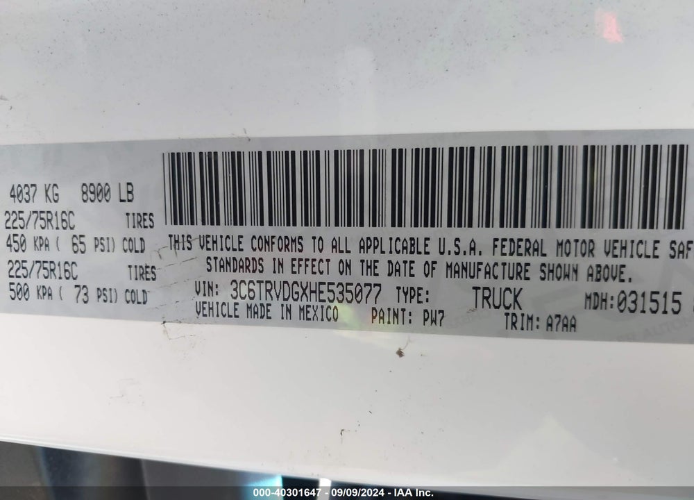 2017 RAM PROMASTER 2500 HIGH ROOF 159 WB VIN: 3C6TRVDGXHE535077