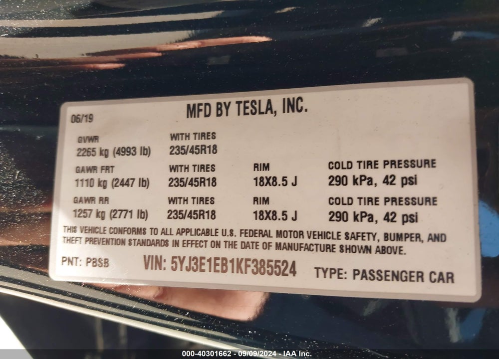 2019 TESLA MODEL 3 LONG RANGE/PERFORMANCE VIN: 5YJ3E1EB1KF385524