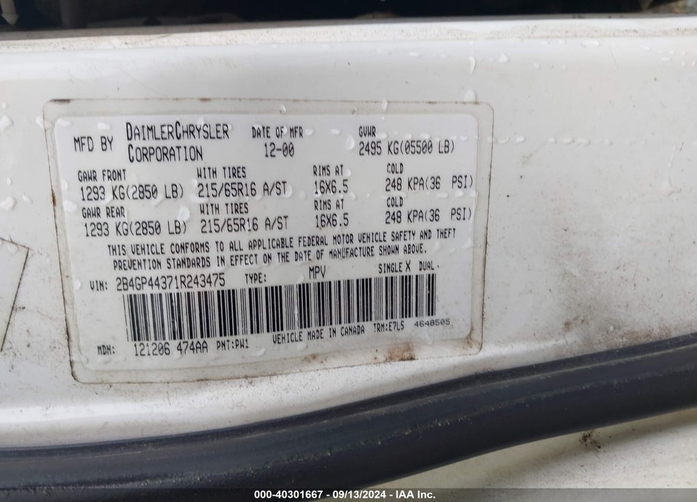 2001 DODGE GRAND CARAVAN SPORT VIN: 2B4GP44371R243475