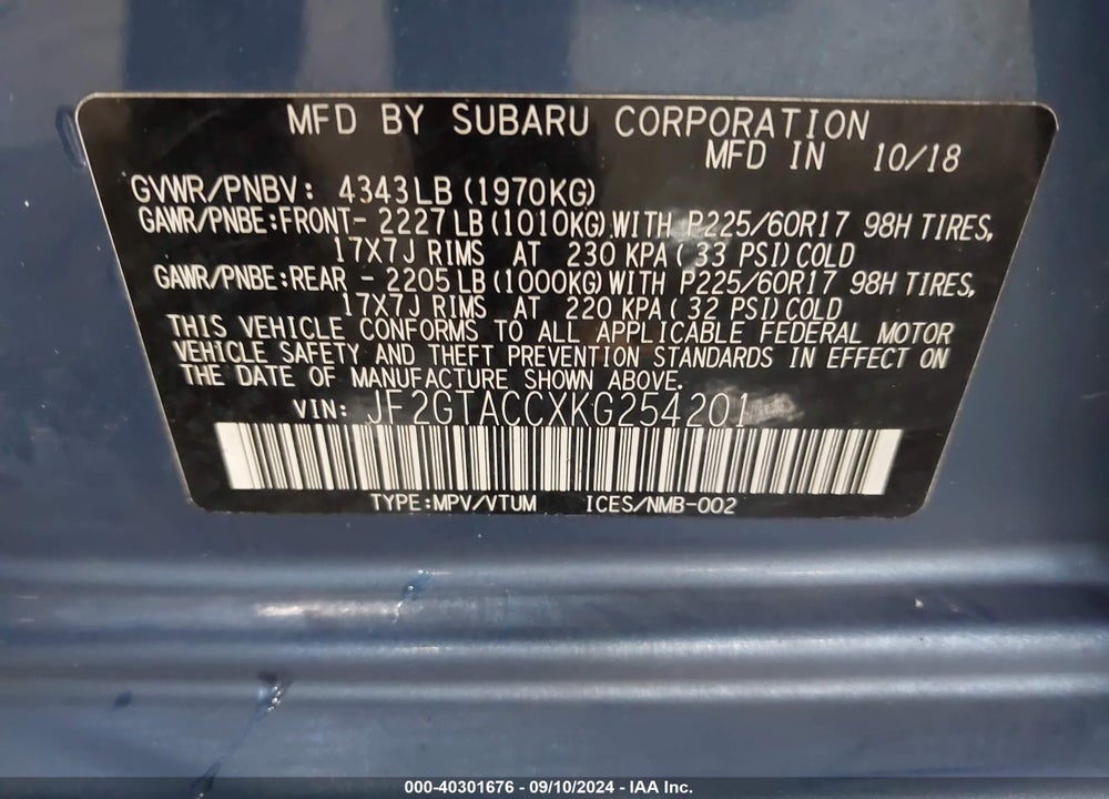 2019 SUBARU CROSSTREK 2.0I PREMIUM VIN: JF2GTACCXKG254201