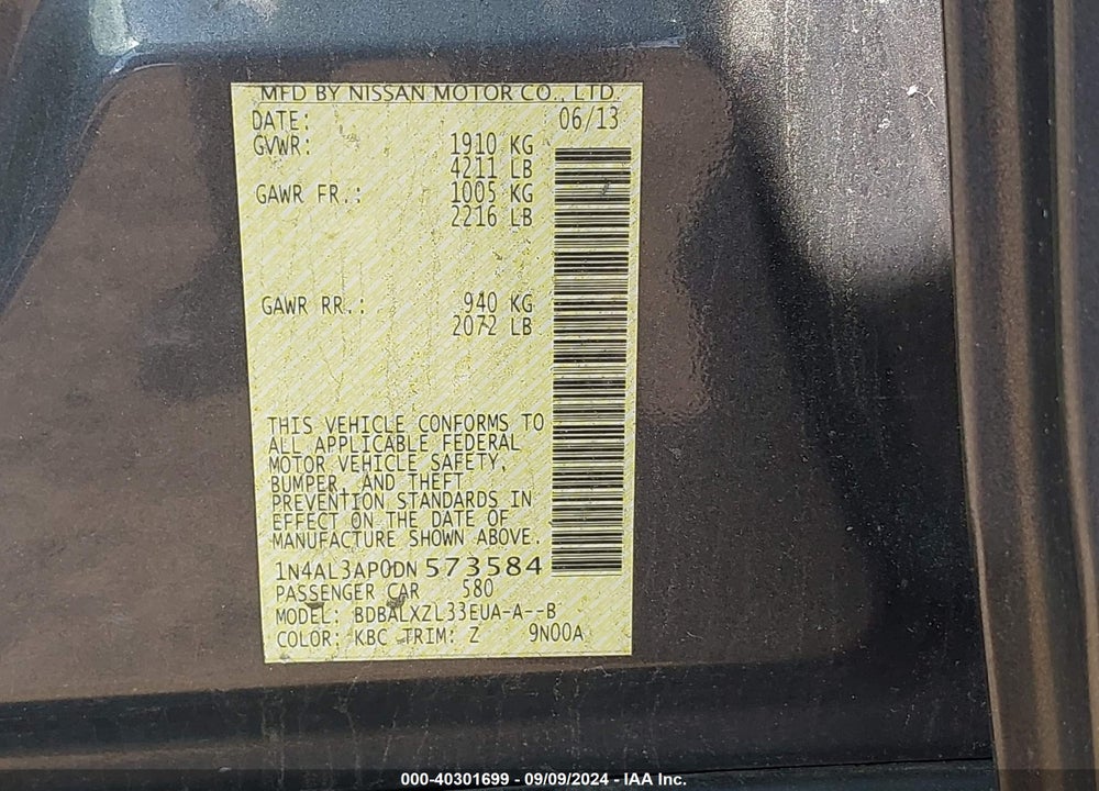 2013 NISSAN ALTIMA 2.5 SL VIN: 1N4AL3AP0DN573584