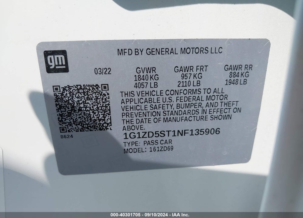 2022 CHEVROLET MALIBU FWD LT VIN: 1G1ZD5ST1NF135906