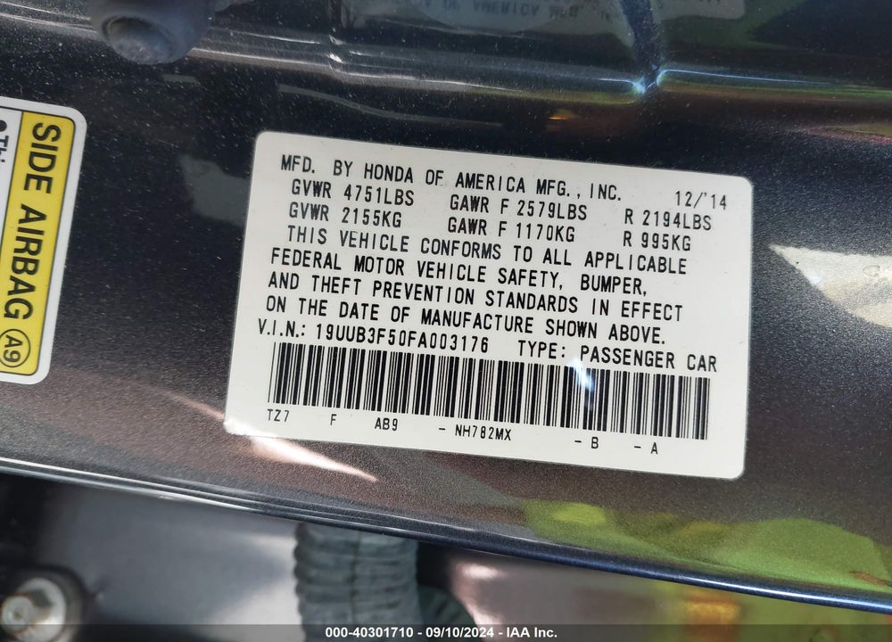 2015 ACURA TLX V6 TECH VIN: 19UUB3F50FA003176
