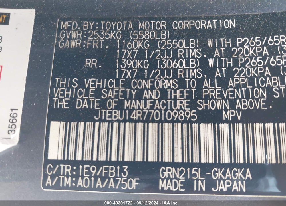 2007 TOYOTA 4RUNNER SPORT V6 VIN: JTEBU14R770109895