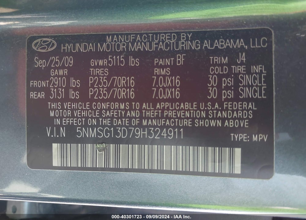 2009 HYUNDAI SANTA FE GLS VIN: 5NMSG13D79H324911