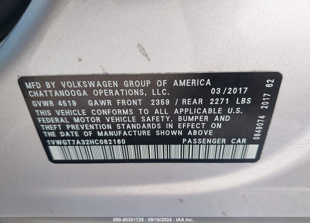 2017 VOLKSWAGEN PASSAT 1.8T SE VIN: 1VWGT7A32HC062160