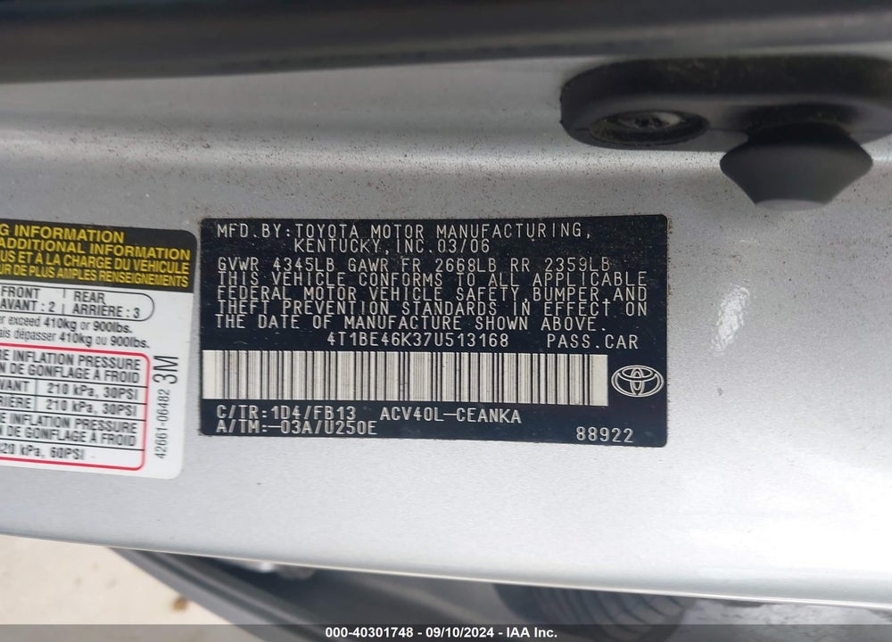 2007 TOYOTA CAMRY VIN: 4T1BE46K37U513168