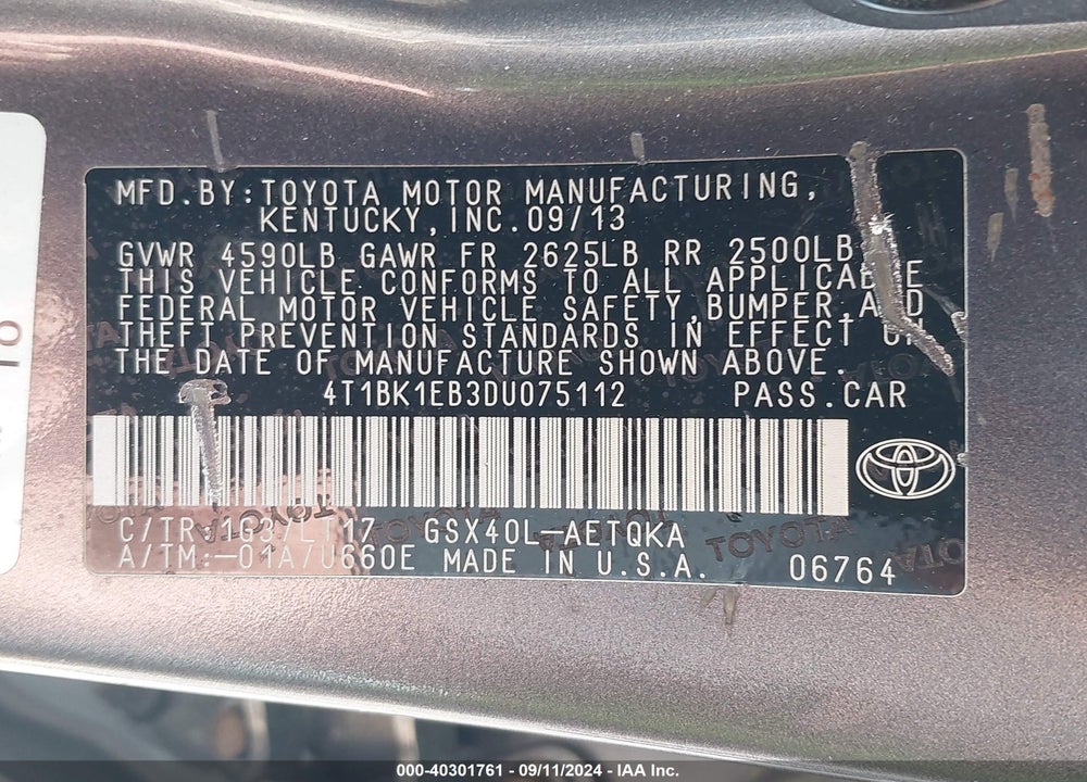 2013 TOYOTA AVALON LIMITED/XLE/XLE PREMIUM/XLE TOURING VIN: 4T1BK1EB3DU075112