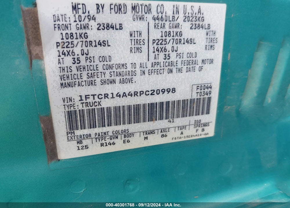 1994 FORD RANGER SUPER CAB VIN: 1FTCR14A4RPC20998