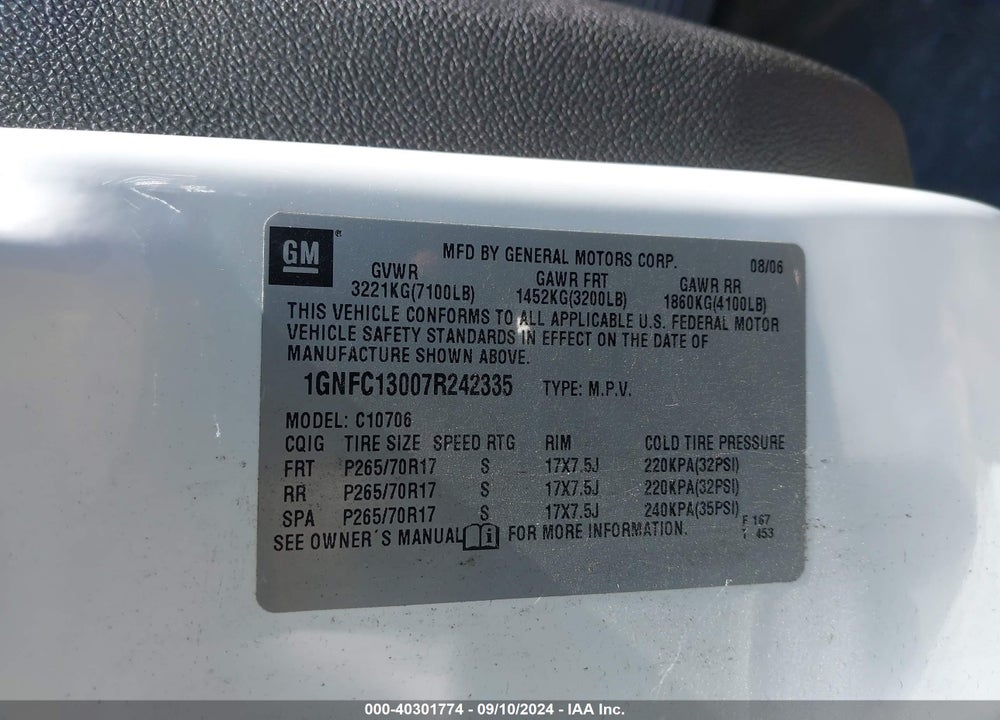 2007 CHEVROLET TAHOE LS VIN: 1GNFC13007R242335