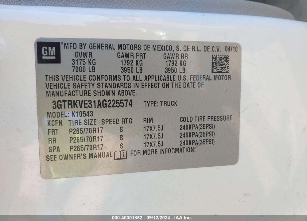 2010 GMC SIERRA 1500 SLE VIN: 3GTRKVE31AG225574