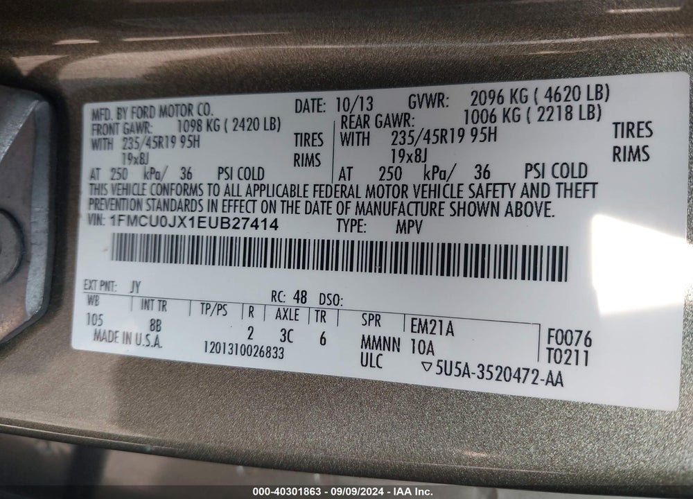 2014 FORD ESCAPE TITANIUM VIN: 1FMCU0JX1EUB27414