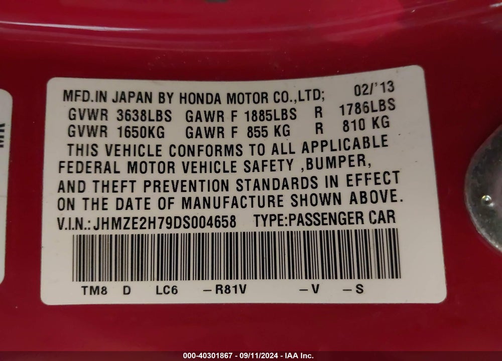 2013 HONDA INSIGHT EX VIN: JHMZE2H79DS004658