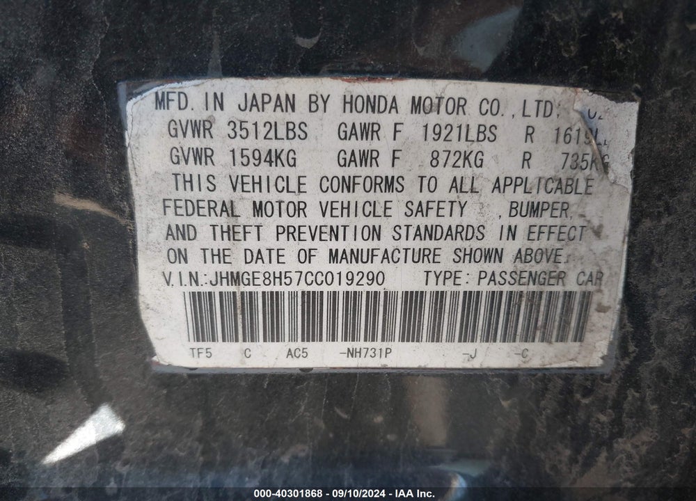 2012 HONDA FIT SPORT VIN: JHMGE8H57CC019290