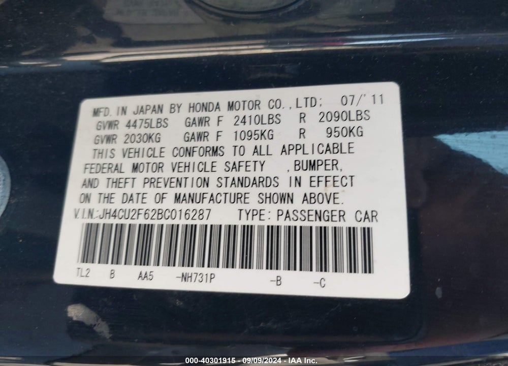 2011 ACURA TSX 2.4 VIN: JH4CU2F62BC016287
