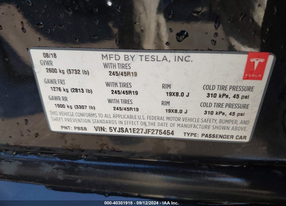 2018 TESLA MODEL S 100D/75D/P100D VIN: 5YJSA1E27JF275454