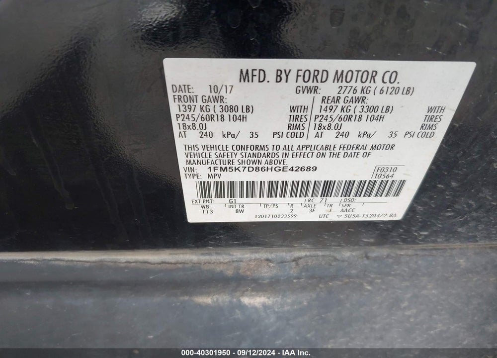 2017 FORD EXPLORER XLT VIN: 1FM5K7D86HGE42689