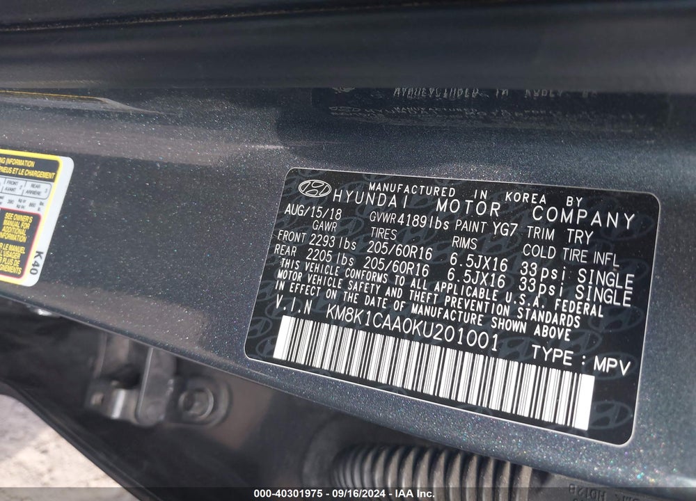 2019 HYUNDAI KONA SE VIN: KM8K1CAA0KU201001