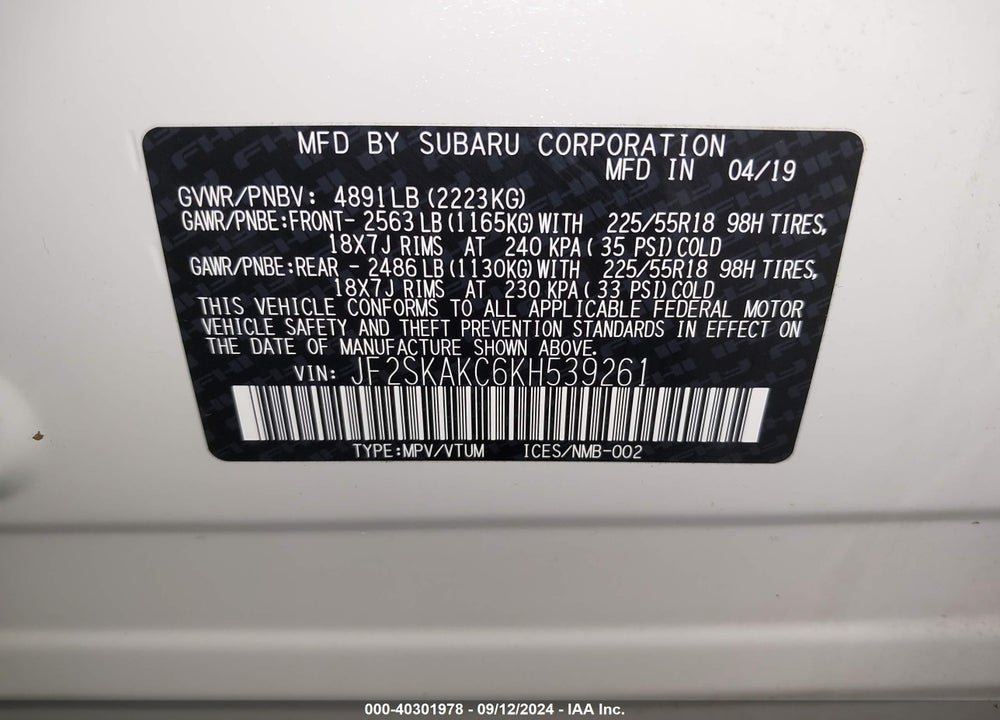 2019 SUBARU FORESTER VIN: JF2SKAKC6KH539261