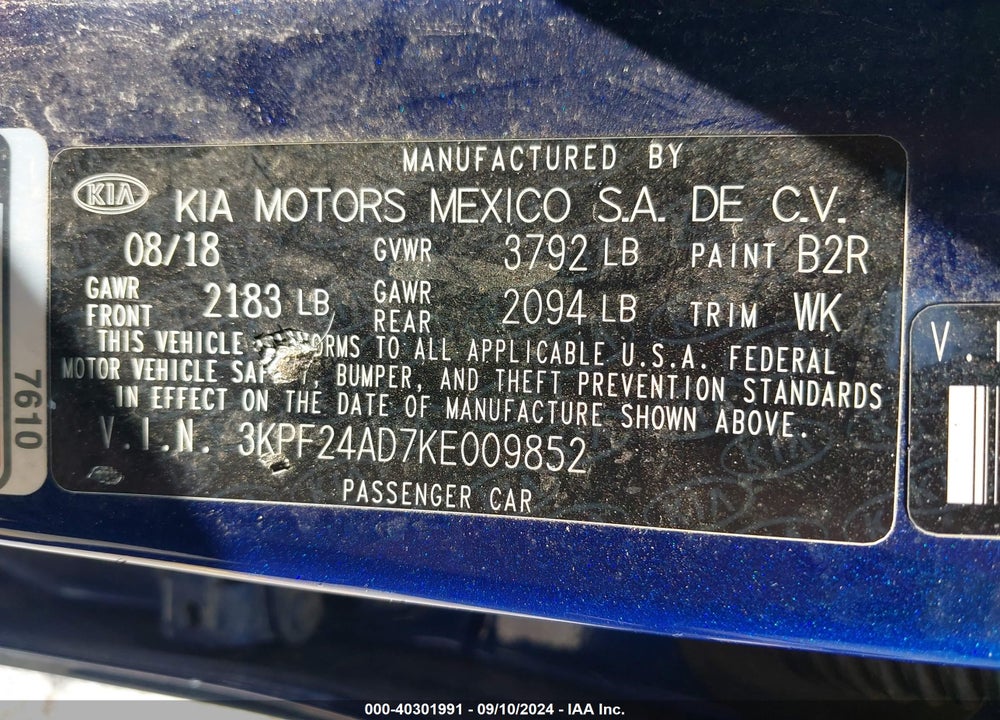 2019 KIA FORTE LXS VIN: 3KPF24AD7KE009852