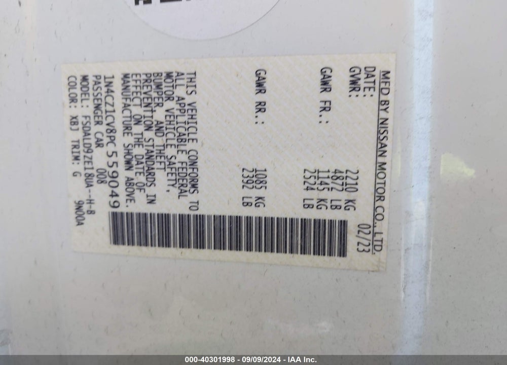 2023 NISSAN LEAF SV PLUS 60 KWH VIN: 1N4CZ1CV8PC559049
