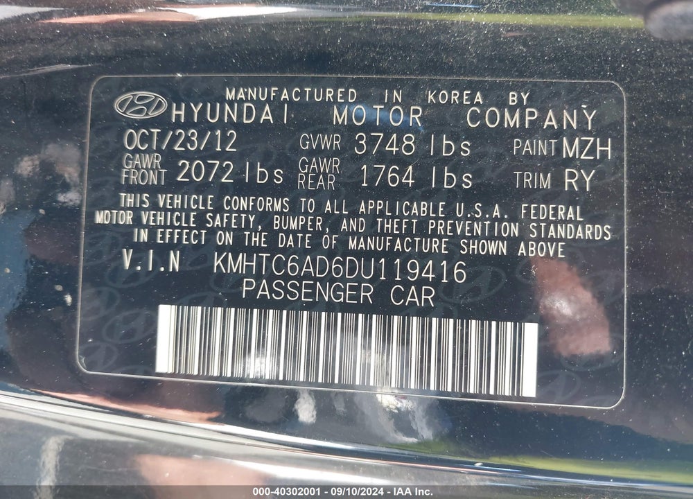 2013 HYUNDAI VELOSTER BASE W/GRAY VIN: KMHTC6AD6DU119416
